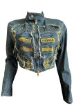 Blue Vintage Print Patchwork Buttons Zipper O Neck Long Sleeve Regular Washed Cropped Denim Jacket