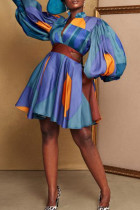Blaue, elegant bedruckte Patchwork-Kleider mit V-Ausschnitt und A-Linie