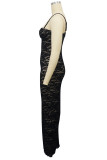 ブラック セクシー ソリッド パッチワーク スリット スパゲッティ ストラップ スリング ドレス