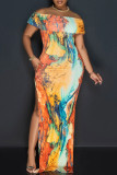 Orangefarbenes, schulterfreies, bedrucktes Patchwork-Kleid mit hohem Öffnungsdruck und elegantem Print