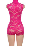 Pink Sexy Solid Lace Patchwork See-through Turtleneck Skinny Rompers