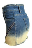 Blaue Vintage-Jeansröcke mit Patchwork-Taschen, Knöpfen, Schlitz und Reißverschluss, hoher Taille und normaler Änderung