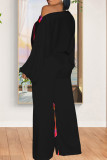 Schwarze lockere Jumpsuits mit lässigem Patchwork-Print und schrägem Kragen