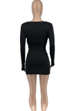 Black Elegant Solid Patchwork Fold V Neck Two Pieces Long Sleeve Tops And Skirts Sets