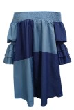 Vestidos casuales de manga larga con hombros descubiertos y contraste de patchwork azul