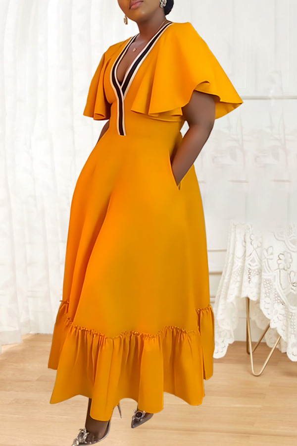 Amarillo Casual Patchwork Bolsillo Con Cuello En V Una Línea Vestidos De Talla Grande