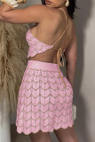 Pink Sweet Solid Wave Print Hollowed Out Patchwork Halter Sleeveless Two Pieces Halter Tank Crop Tops And Skirt Sets
