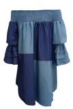 Blauwe casual patchwork-contrast off-shoulder jurken met lange mouwen