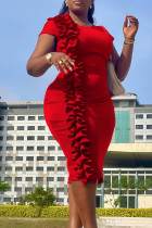 Vestidos de saia enrolados em patchwork sólido elegante vermelho com babados e decote em O