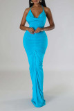 Blauwe elegante effen patchwork vouw halter lange jurken