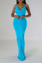 Blauwe elegante effen patchwork vouw halter lange jurken