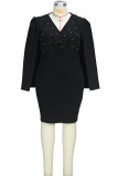 Svarta eleganta solida paljetter Patchwork V-hals omslagen kjol Plus Size Klänningar