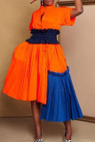 Orangefarbene elegante A-Linien-Kleider mit Patchwork-Knöpfen und Umlegekragen