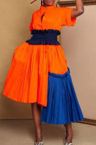 Oranje elegante patchwork knopen kraag A-lijn jurken