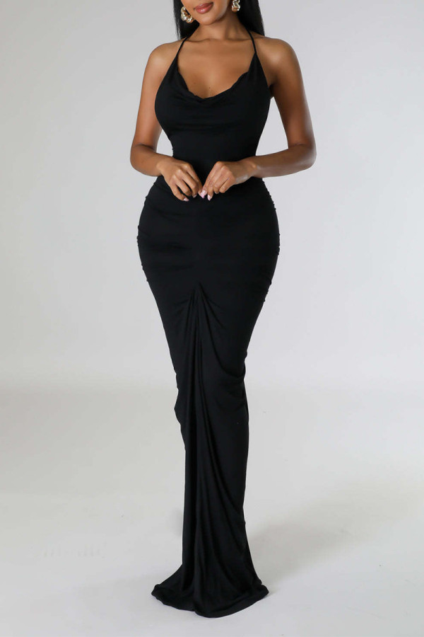 Svarta Elegant Solid Patchwork Vik Halter långa klänningar