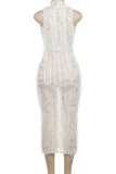 White Street Solid Patchwork Genomskinliga långa klänningar med o-hals