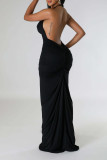 Svarta Elegant Solid Patchwork Vik Halter långa klänningar