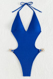 Royal Blue Sportswear Solid Bandage Patchwork Swimwears(With Paddings)