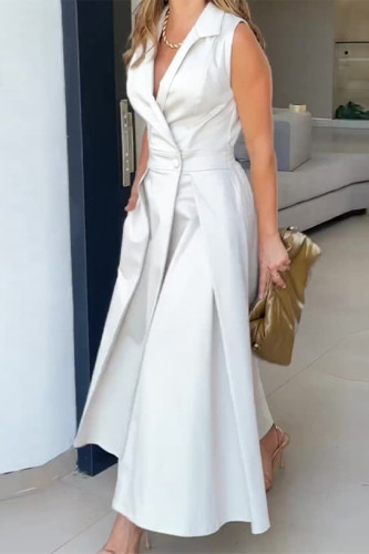 White Elegant Solid Pocket Fold Turndown Collar Shirt Dress Dresses