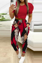 Red Casual Leopard Print Bandage Patchwork Pocket O Neck Short Sleeve Two Pieces Crop Top And Pants Sets