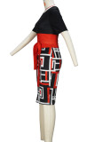 ブラック スイート プリント 包帯パッチワーク O ネック ラップ スカート ドレス