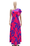 Rose Red Elegant Print Patchwork High Opening Oblique Collar Printed Dresses