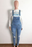 Baby Blue Casual Street Solid Ripped Patchwork Pocket Sleeveless Regular Denim Jumpsuits