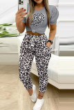 Yellow Casual Leopard Print Bandage Patchwork Pocket O Neck Short Sleeve Two Pieces Crop Top And Pants Sets