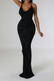 Schwarze, elegante, einfarbige Patchwork-Faltenhalter-lange Kleider