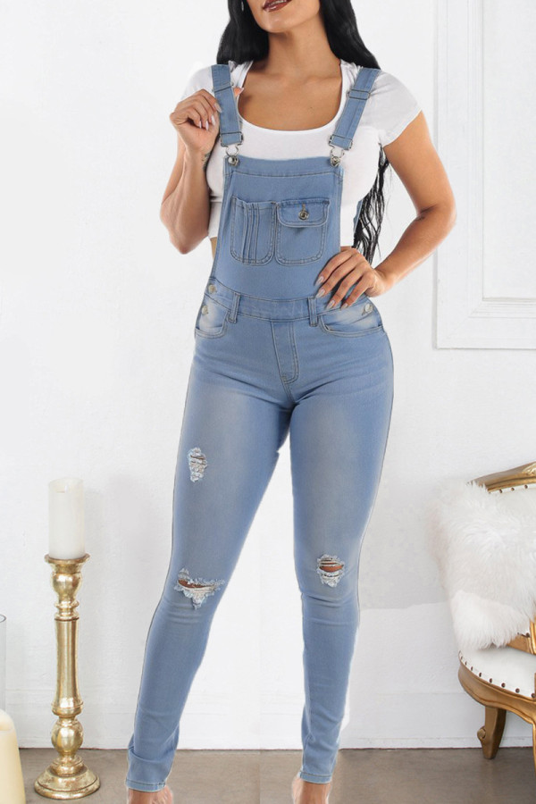 Baby Blue Casual Street Solid Patchwork Pocket Sleeveless Regular Skinny Overall Ripped Denim Jumpsuits