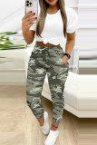 Leopard Print Casual Leopard Print Bandage Patchwork Pocket O Neck Short Sleeve Two Pieces Crop Top And Pants Sets