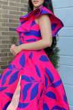 Rozerode elegante print patchwork hoge opening schuine kraag bedrukte jurken