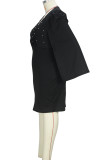 ブラック エレガント ソリッド スパンコール パッチワーク V ネック ラップ スカート プラス サイズ ドレス