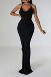 Schwarze, elegante, einfarbige Patchwork-Faltenhalter-lange Kleider