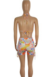 Yellow Sexy Print Patchwork Draw String Halter Sleeveless Two Pieces