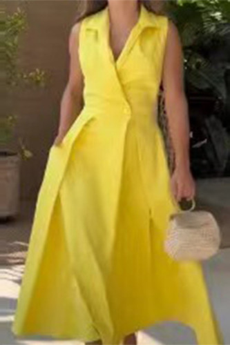 Желтые элегантные однотонные платья-рубашки с отложным воротником и карманами