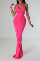 Rozerode elegante effen patchwork vouw halter lange jurken