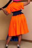 Orangefarbene elegante A-Linien-Kleider mit Patchwork-Knöpfen und Umlegekragen