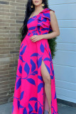 Rozerode elegante print patchwork hoge opening schuine kraag bedrukte jurken