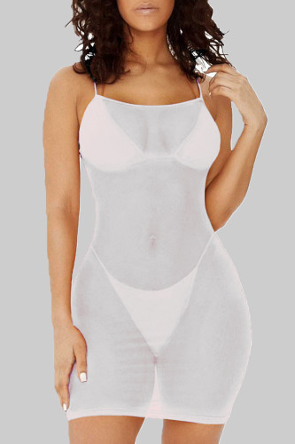 Weiße, sexy, solide Patchwork-Sling-Kleider mit durchsichtigem Netzstoff und Spaghettiträgern