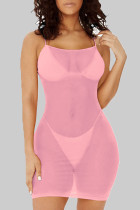 Vestidos cor de rosa sexy sólidos com retalhos transparentes de malha com alça espaguete