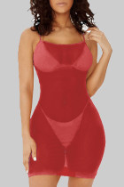 Rojo Sexy Retazos lisos Transparente Malla Spaghetti Strap Sling Vestidos