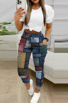 Blue Casual Leopard Print Bandage Patchwork Pocket O Neck Short Sleeve Two Pieces Crop Top And Pants Sets