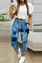 The cowboy blue Casual Leopard Print Bandage Patchwork Pocket O Neck Short Sleeve Two Pieces Crop Top And Pants Sets
