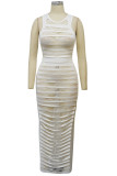 Белое сексуальное однотонное кружевное лоскутное прозрачное платье без рукавов с круглым вырезом из двух частей