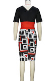 ブラック スイート プリント 包帯パッチワーク O ネック ラップ スカート ドレス
