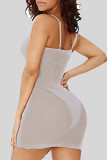 ホワイト セクシー ソリッド パッチワーク シースルー メッシュ スパゲッティ ストラップ スリング ドレス
