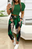 Blue Casual Leopard Print Bandage Patchwork Pocket O Neck Short Sleeve Two Pieces Crop Top And Pants Sets