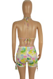 Yellow Sexy Print Patchwork Draw String Halter Sleeveless Two Pieces