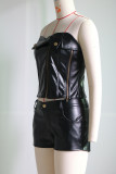 Black Sexy Solid Patchwork Buttons Zipper Strapless Sleeveless Two Pieces